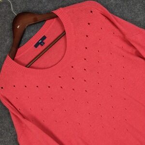 Gap Womens XS Coral Pink Pointelle Distressed Knit Crew Neck Sweater Long Sleeve